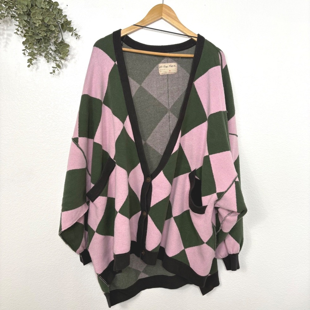 Free People Lavender and Forest Green Checker Knit Cardigan - Picture 3 of 11